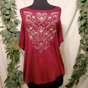 Maroon boho peek-a-boo flowy embroider top Medium